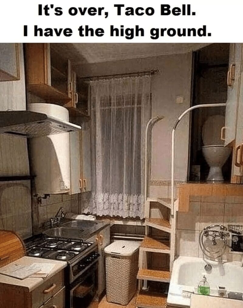 A cursed photo of a toilet that has been installed on a platform directly above a kitchen sink, with a Star Wars "I have the high ground" joke about fighting Taco Bell's effects.