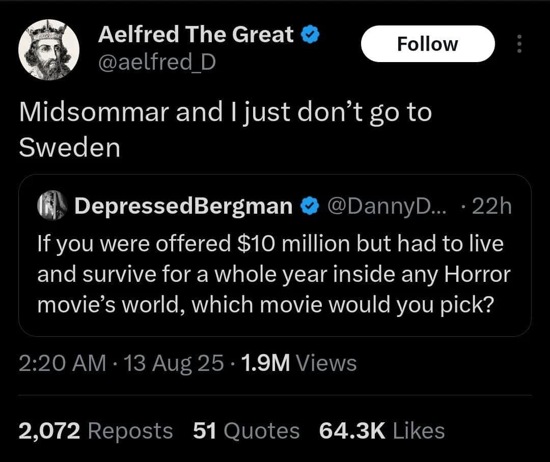 A technically correct meme tweet about surviving a horror movie by choosing one where you don't go to Sweden.
