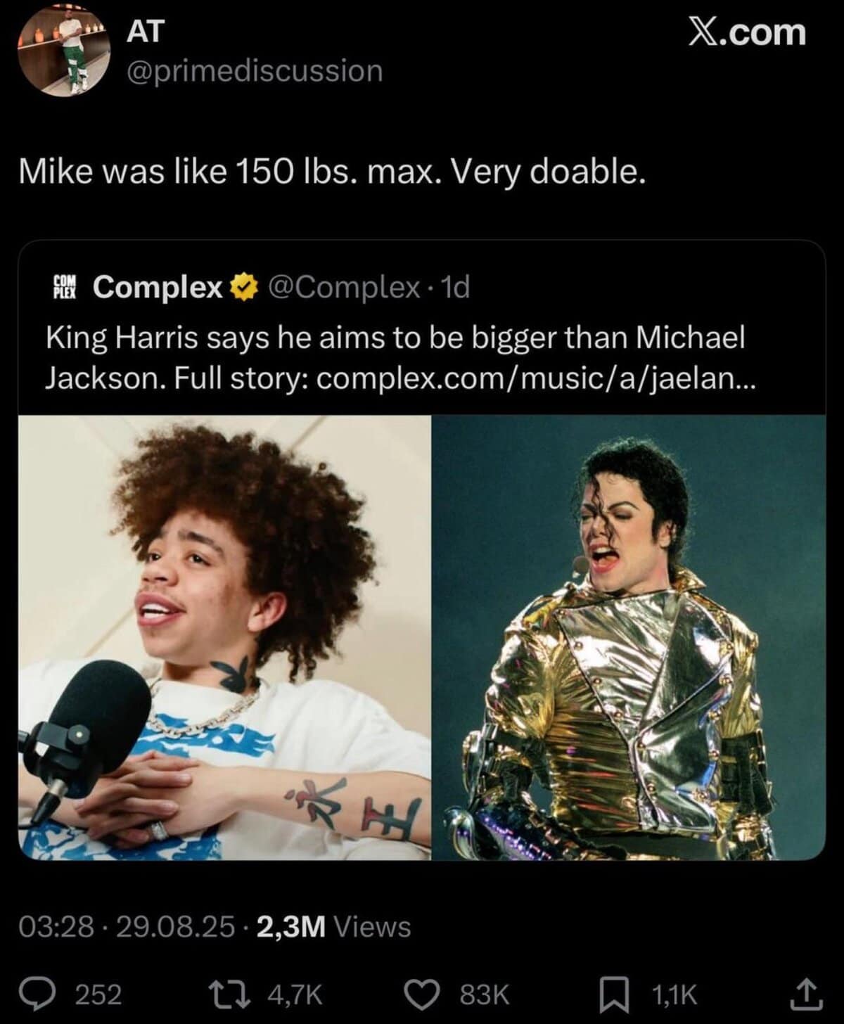 A technically correct meme tweet taking a statement about being "bigger than Michael Jackson" literally.