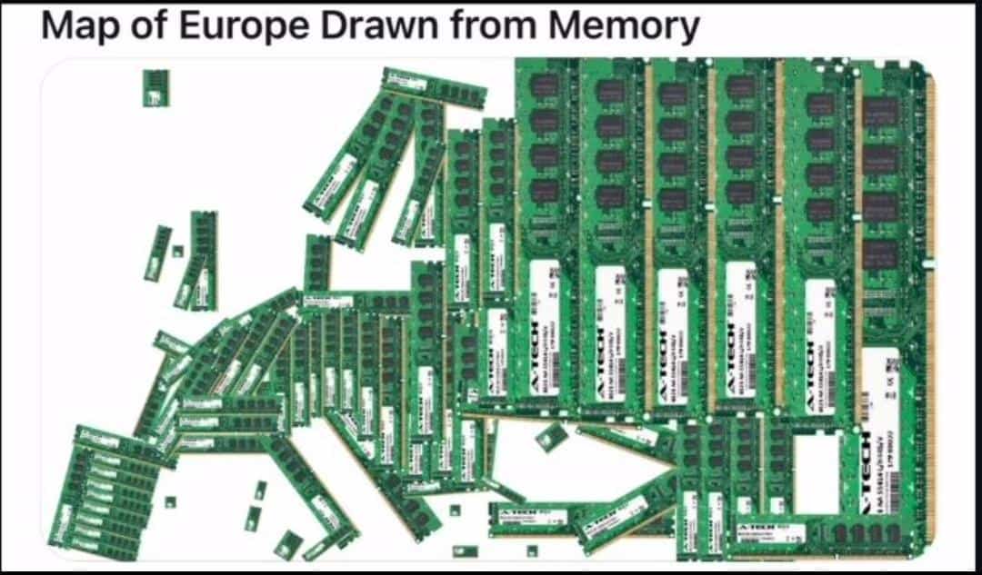 A technically correct meme of a "Map of Europe Drawn from Memory" using computer RAM sticks.