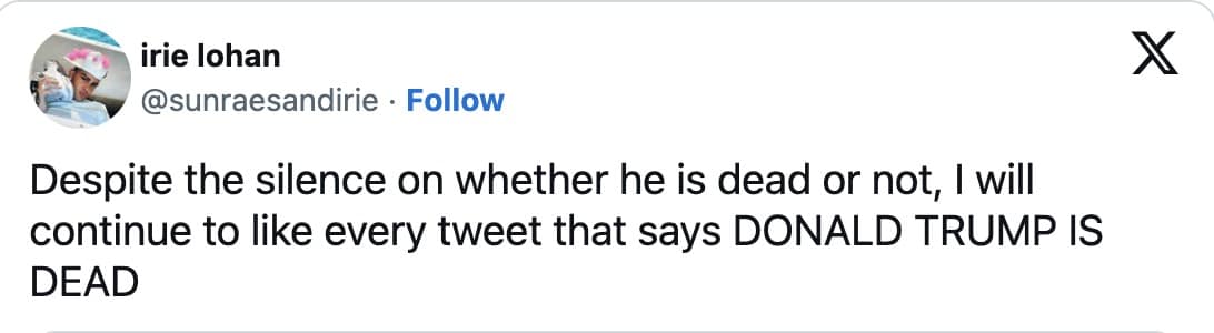 Text-only tweet vowing to like every post that says “DONALD TRUMP IS DEAD.”