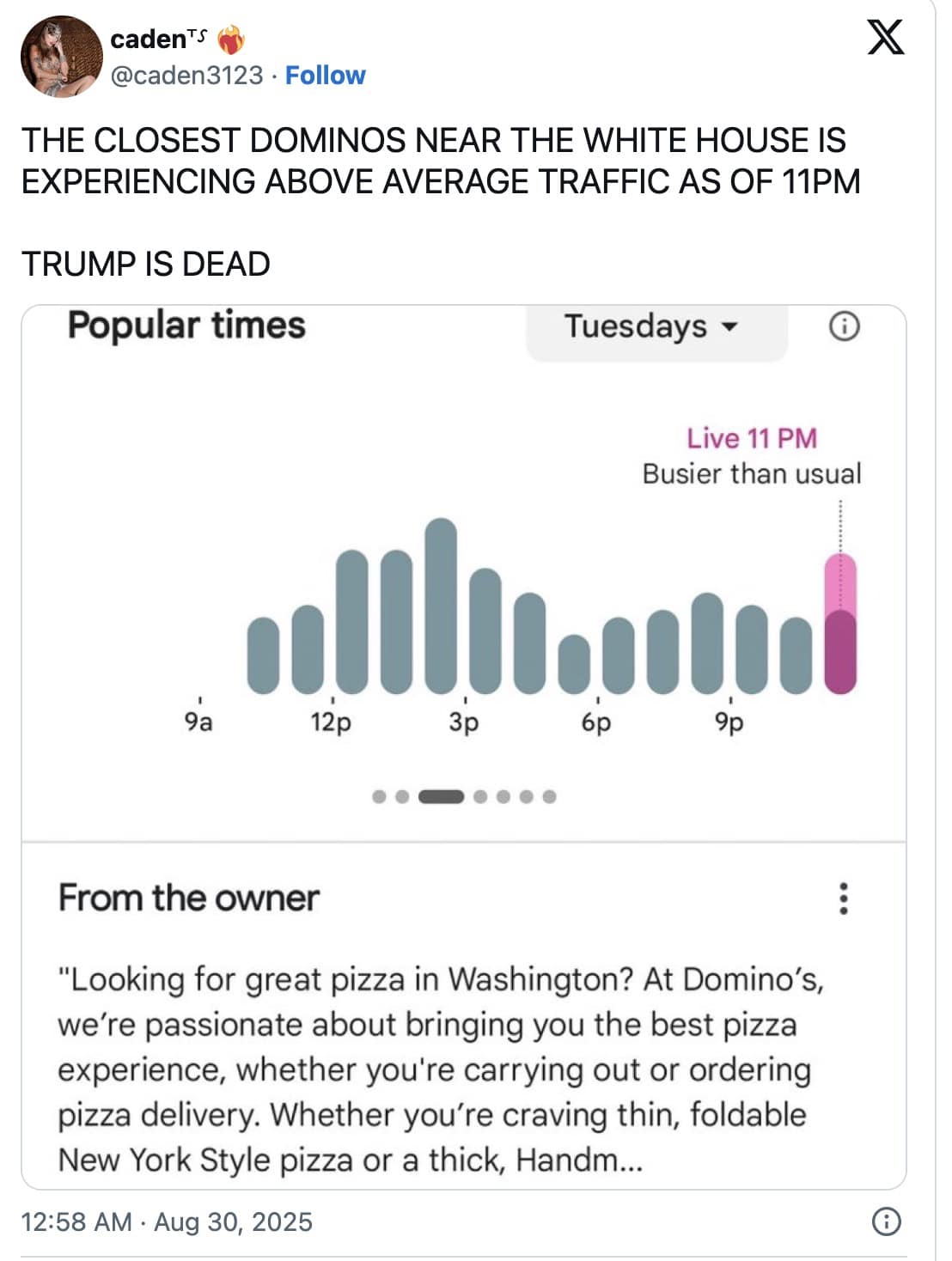 Tweet showing a Domino’s “popular times” bar spiking late at night near the White House.