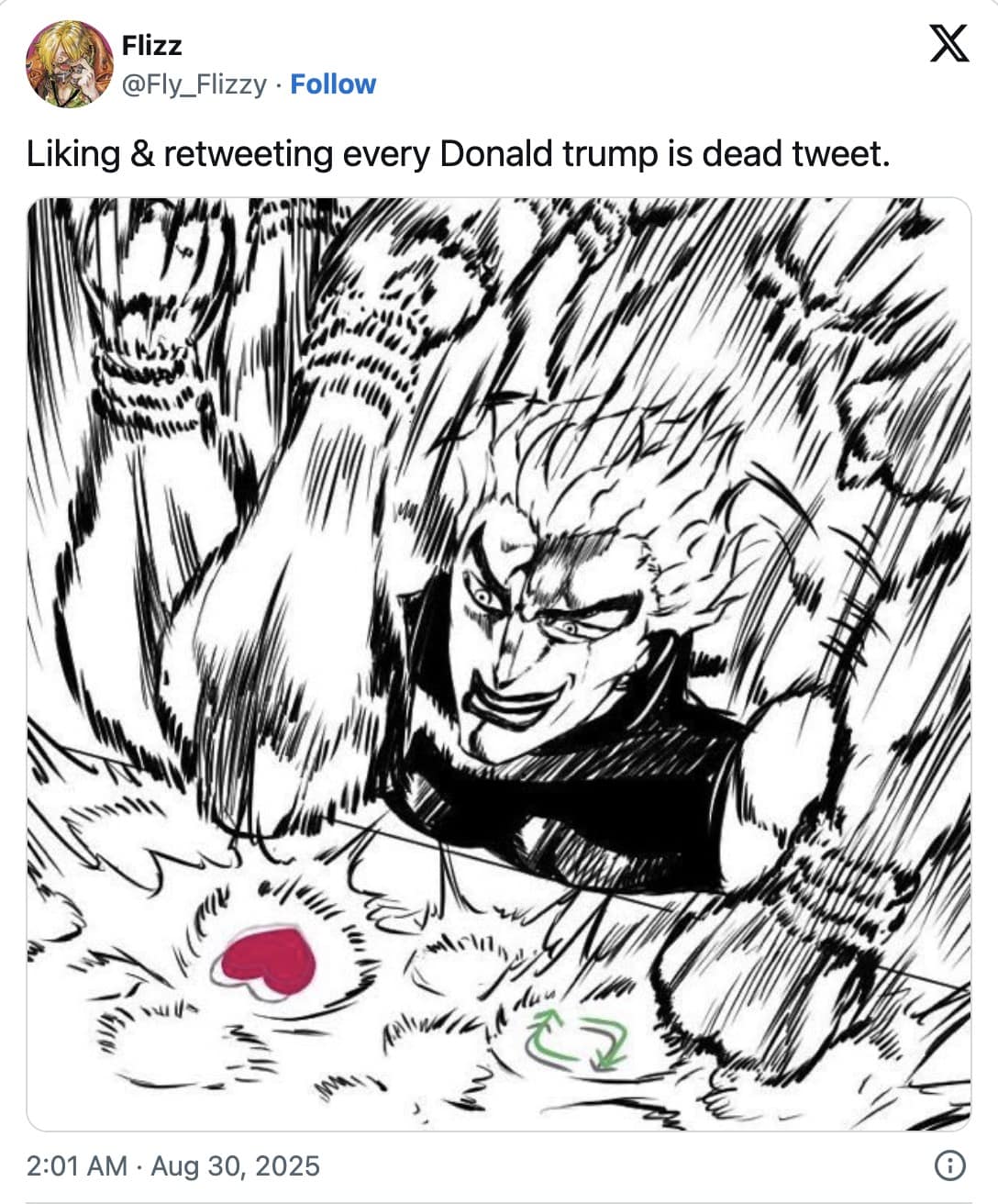 High-energy manga panel of a character smashing a heart-shaped button.