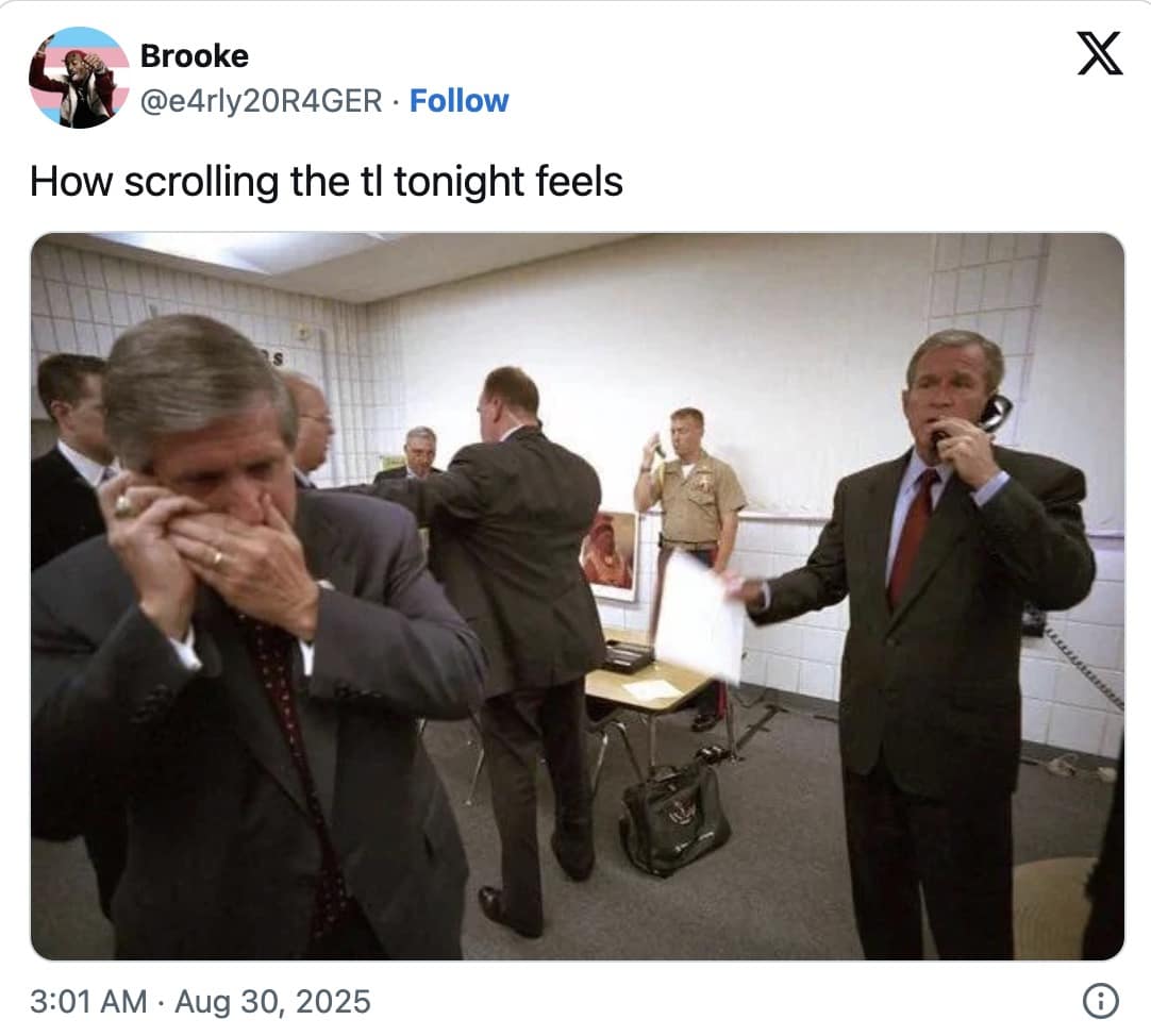 Tweet with photo of George W. Bush and staff on phones in a classroom, caption about how the timeline feels.