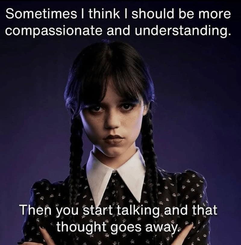 A funny and relatable meme of Jenna Ortega as Wednesday Addams, with a caption about losing her compassion as soon as other people start talking.