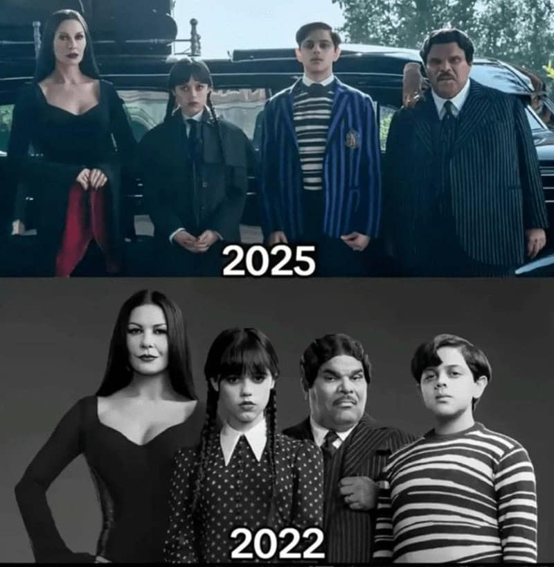 A bizarre and funny meme that compares the 2022 Wednesday cast to a photoshopped version of them in the year 2025, where they all have mustaches.
