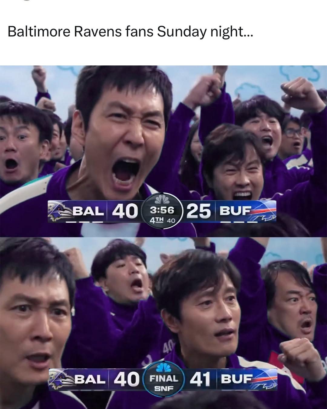 A Week 1 NFL meme showing Ravens fans' joy turning to despair after losing to the Bills.