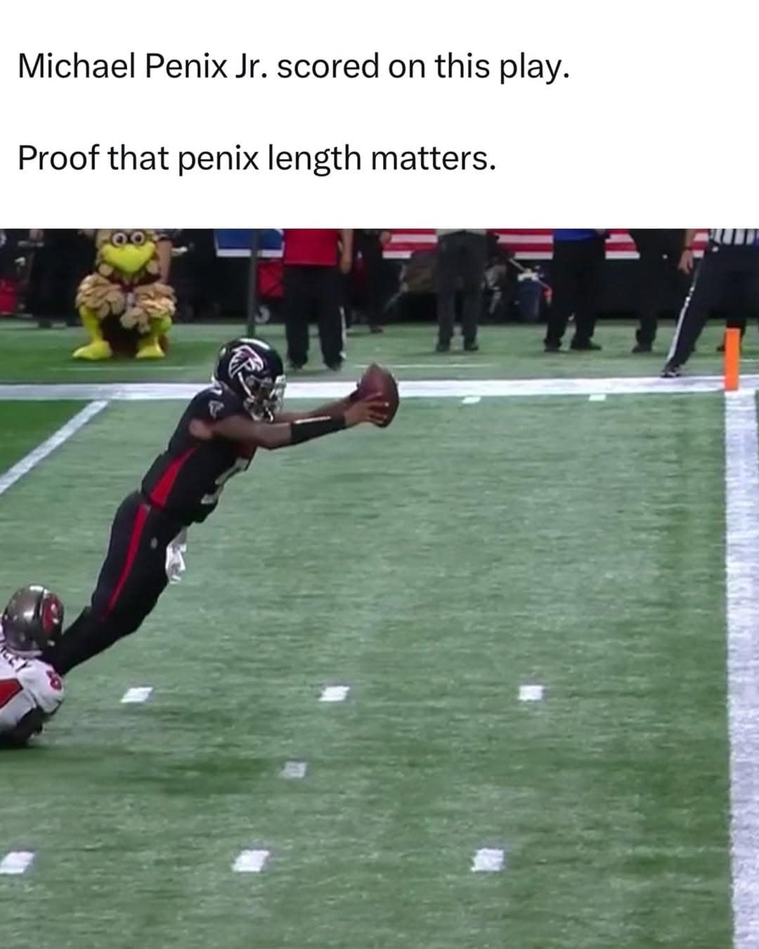 A Week 1 NFL meme with a pun about Falcons QB Michael Penix Jr. scoring.