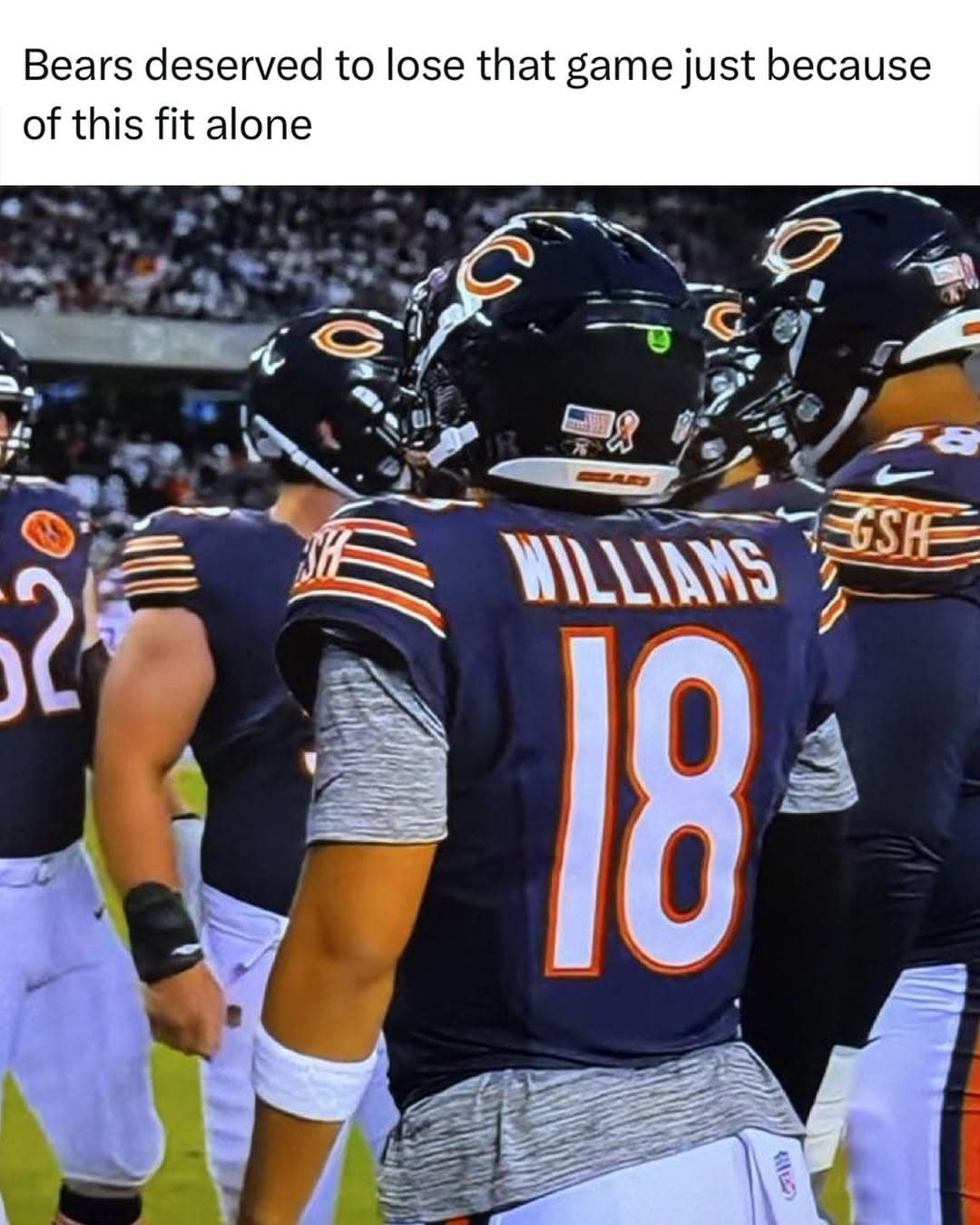 A Week 1 NFL meme making fun of the way Caleb Williams' Bears jersey fits.