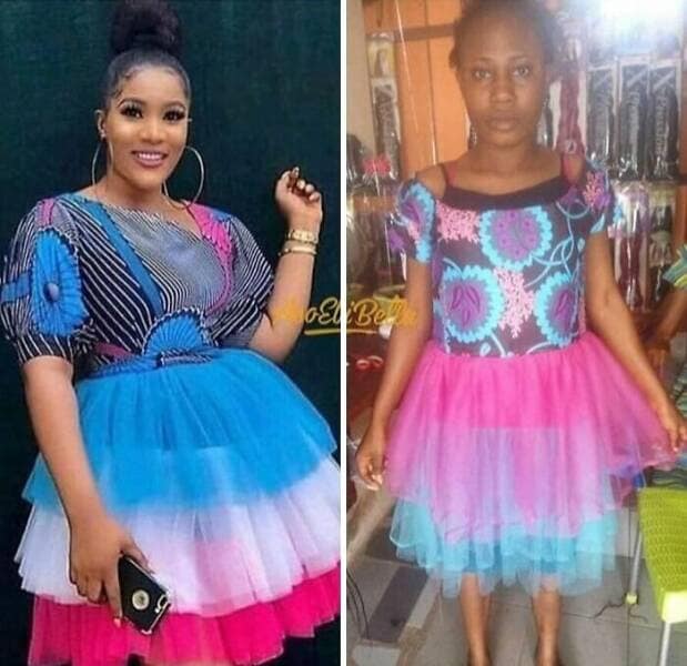 An online shopping fail showing a stylish and vibrant tutu dress versus the poorly made, flimsy version that arrived.