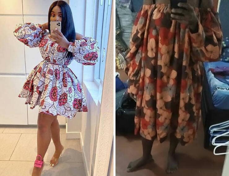 A "what I ordered vs what I got" fail with a chic floral dress and its shapeless, baggy, and off-pattern copy.