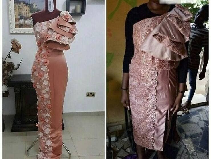 A fashion fail showing an elegant one-shoulder dress with intricate details next to its clumsy and poorly fitting recreation.