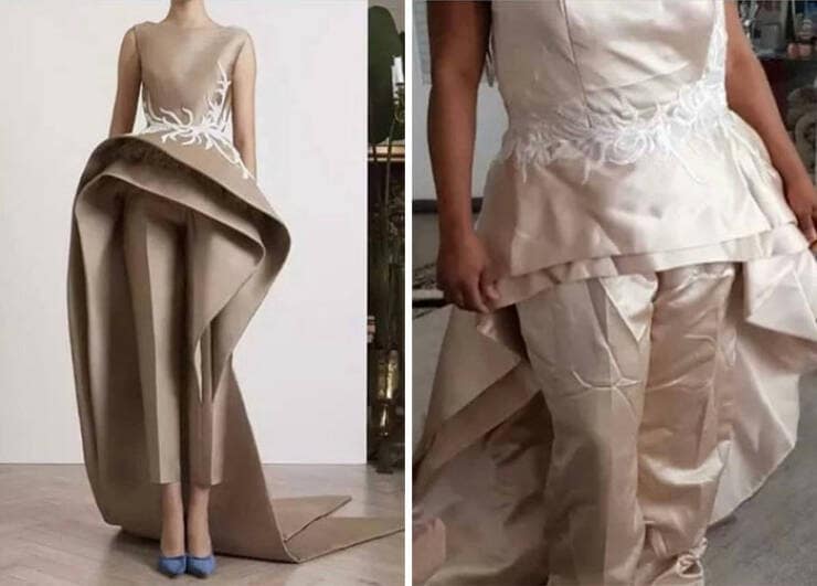 A high-fashion "what I ordered vs what I got" fail featuring a dramatic pantsuit and its wrinkled, cheap satin copy.