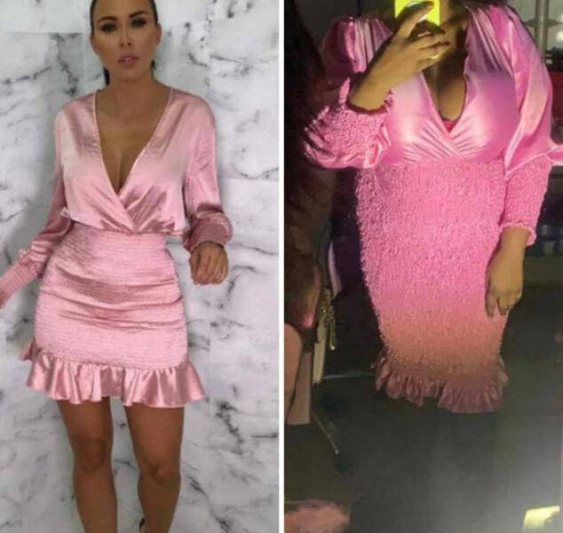 An online shopping fail with a pink satin mini dress versus the cheap, ill-fitting, bright pink version that was delivered.