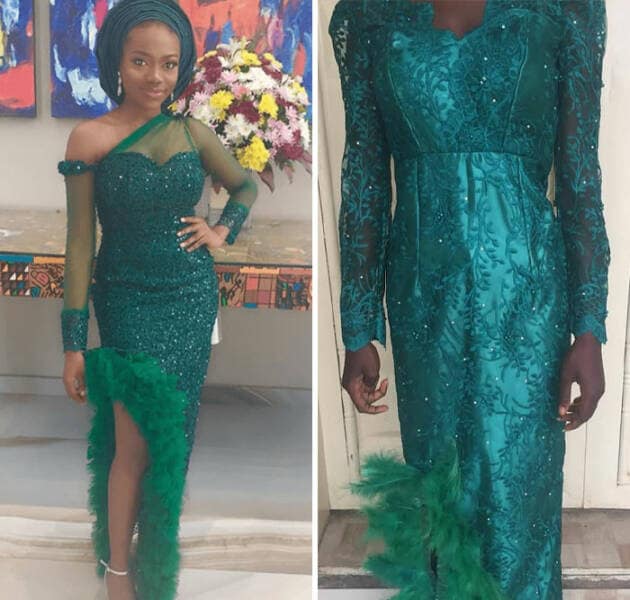 An online dress fail showing an elegant, form-fitting green lace gown versus its boxy and unflattering imitation.