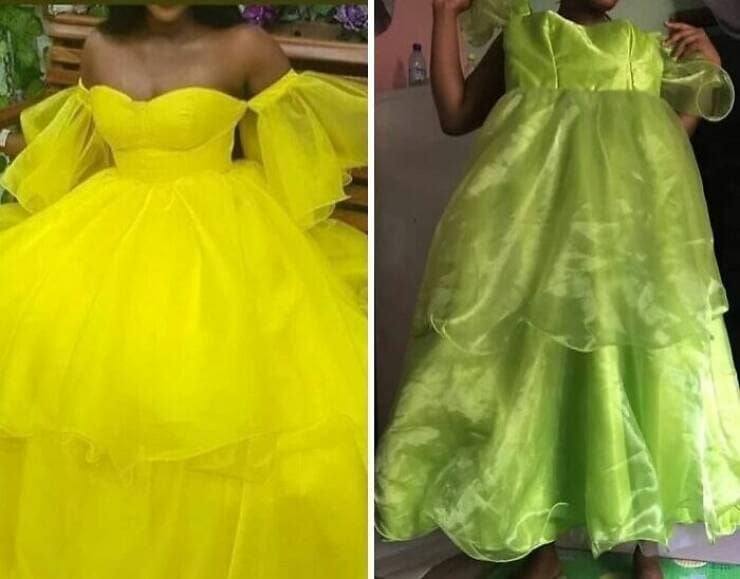 A major online shopping fail of a beautiful and elegant yellow ball gown and its terrible lime green recreation.