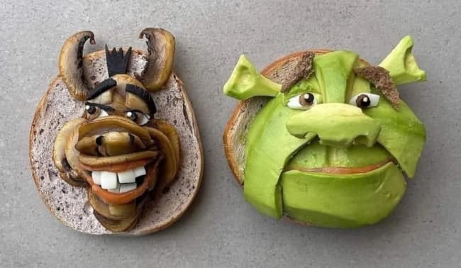 A funny meme of Shrek and Donkey made entirely out of avocado toast and other vegetables.
