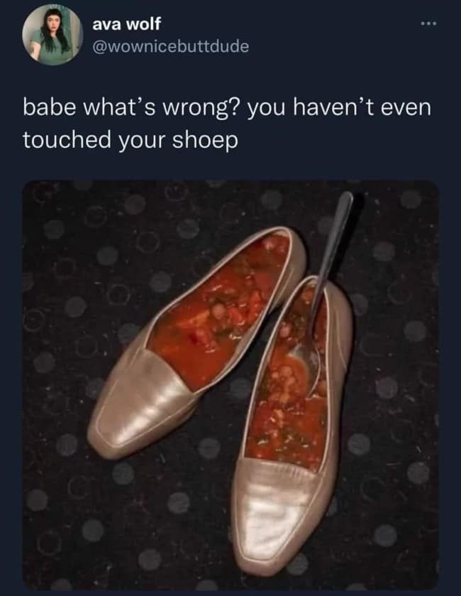 A cursed "What's wrong babe" meme with two heeled shoes filled with soup, called "shoep."