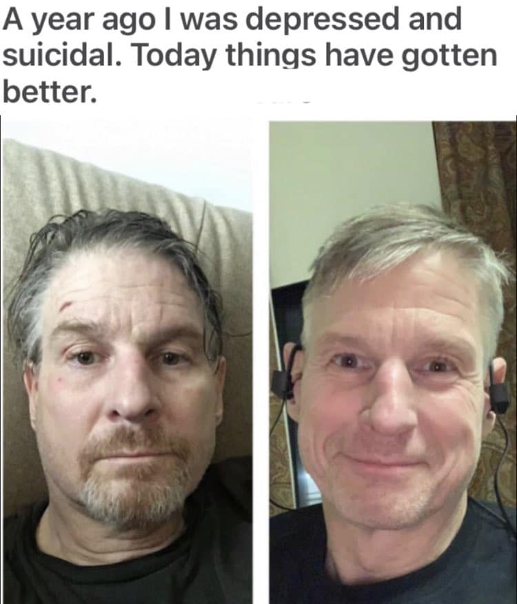A wholesome meme showing a man's before-and-after photos, documenting his recovery from depression.