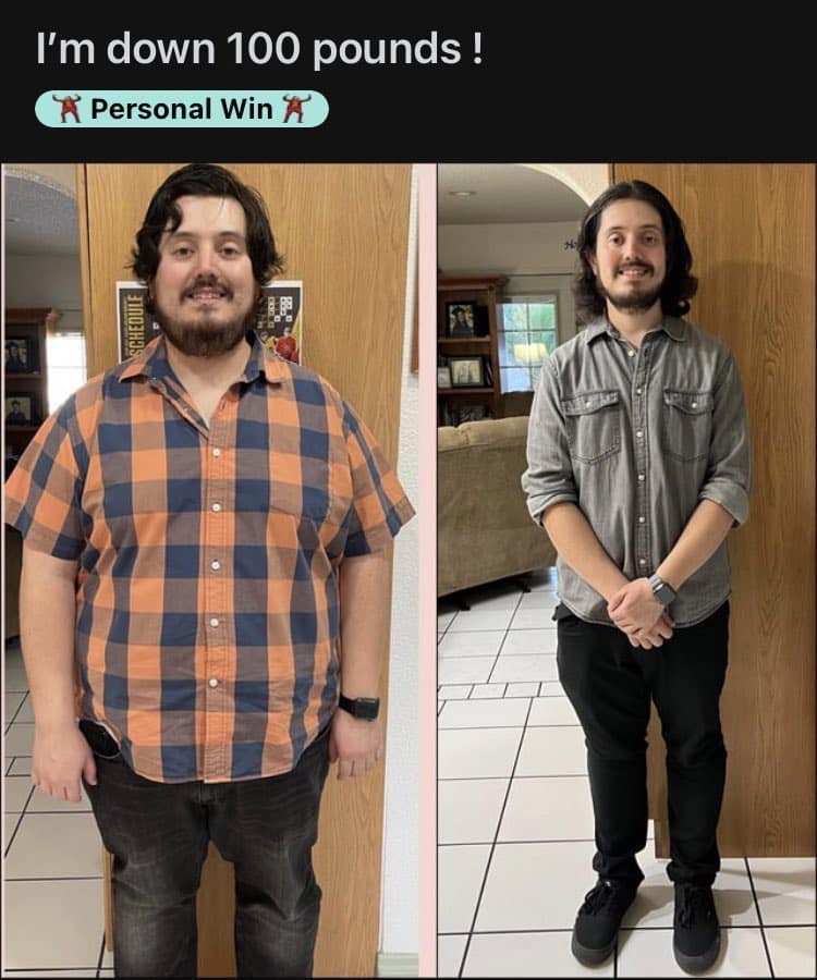 A wholesome meme of a man's before-and-after photos celebrating his 100-pound weight loss.