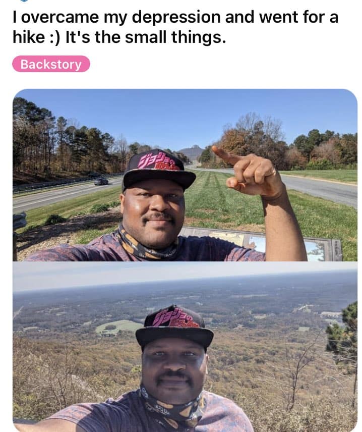 A wholesome meme of a man celebrating going on a hike as a victory over his depression.
