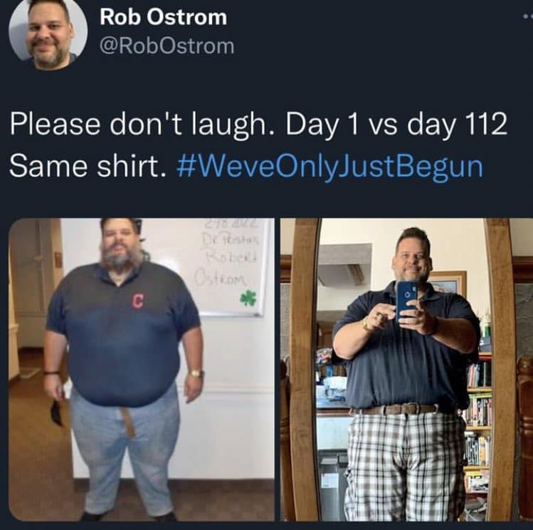 A wholesome meme of a man showing his impressive weight loss progress from day 1 to day 112.