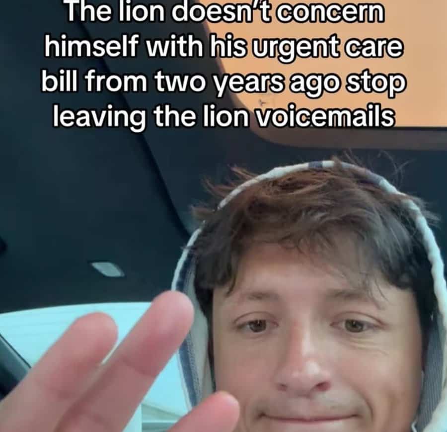 A funny TikTok meme of someone using a powerful lion metaphor to explain why they are ignoring their old urgent care bills.
