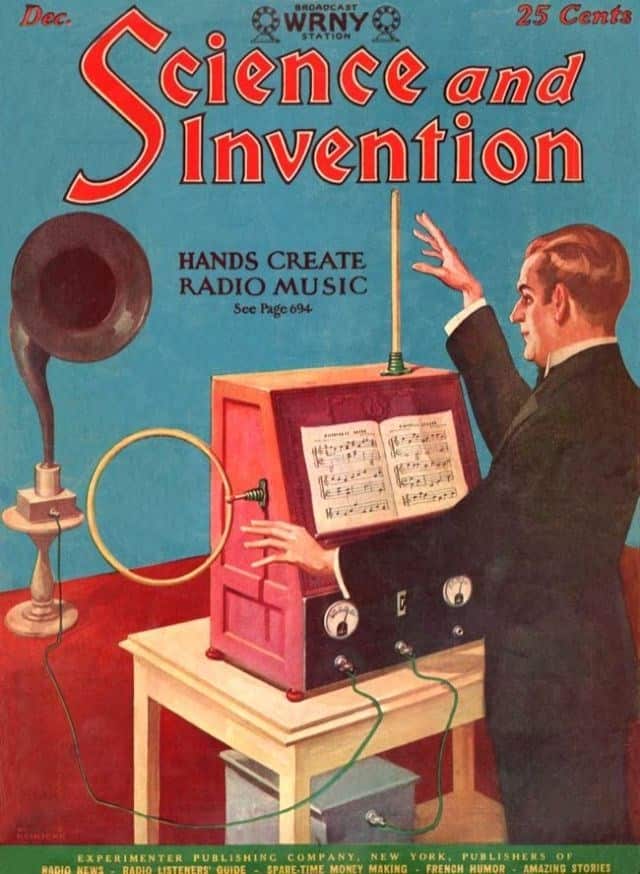 A 1920s prediction of the future showcasing a Theremin-like instrument where "Hands Create Radio Music."