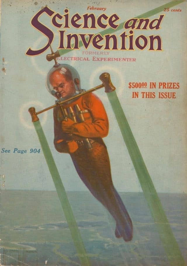 Retro-futuristic 1920s prediction of the future depicting a man flying with a personal water-jet propulsion suit