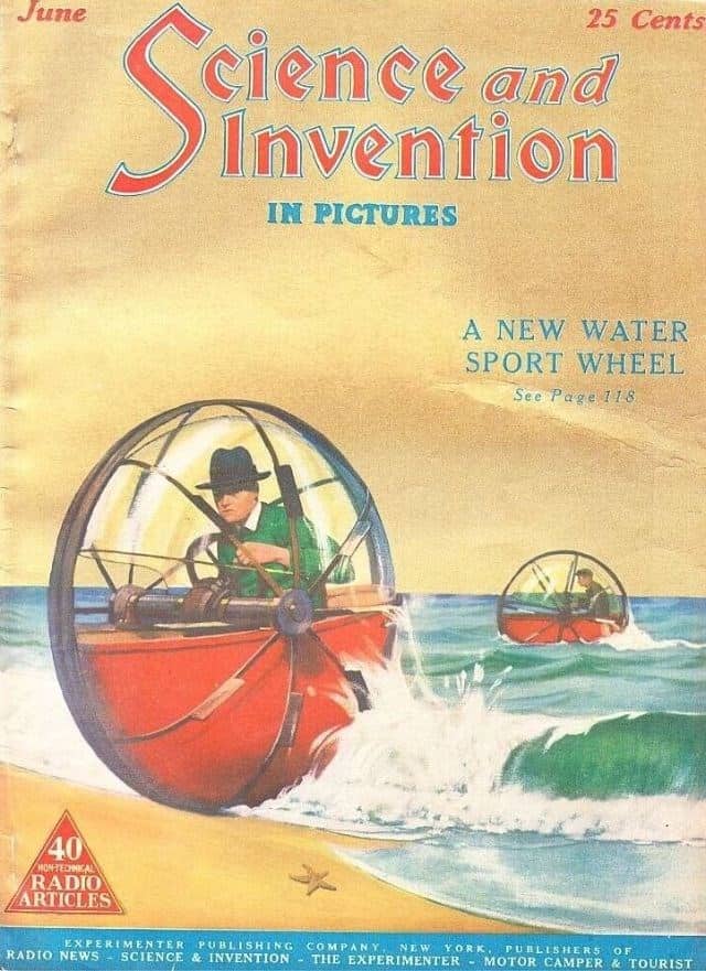A 1920s prediction of the future showcasing a "new water sport wheel" vehicle driving on land and sea.