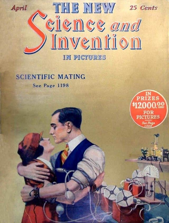 A retro 1920s prediction of the future illustrating "Scientific Mating" using electrical contraptions on a couple.