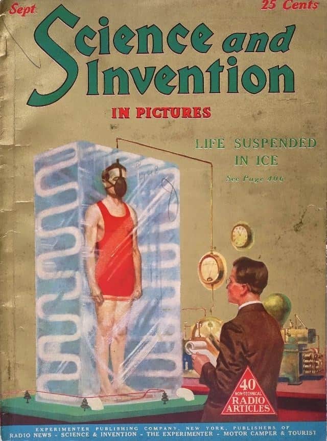 A 1920s prediction of the future depicting early concepts of cryogenics with a man suspended in ice