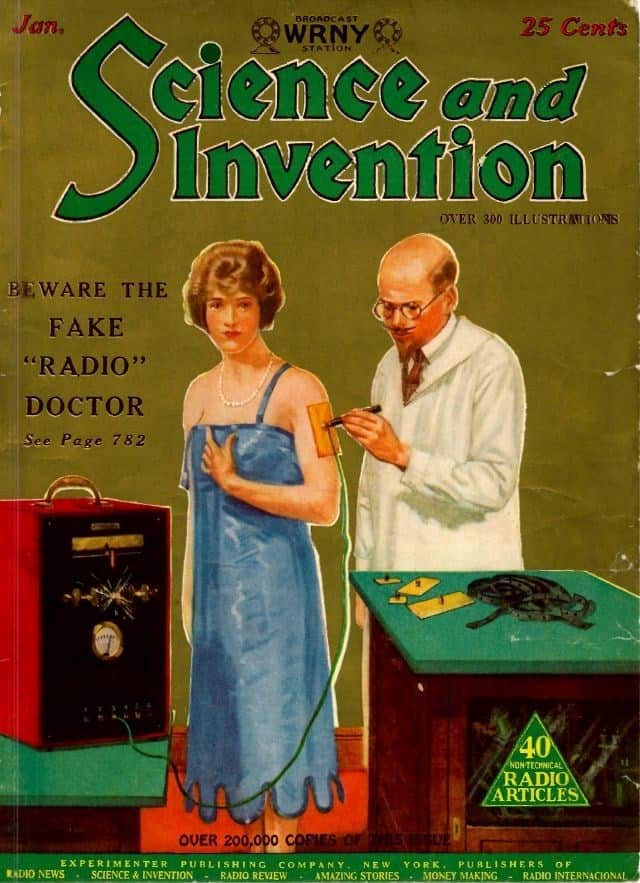 A 1920s prediction of the future warning readers to "Beware the Fake 'Radio' Doctor," showing medical quackery.