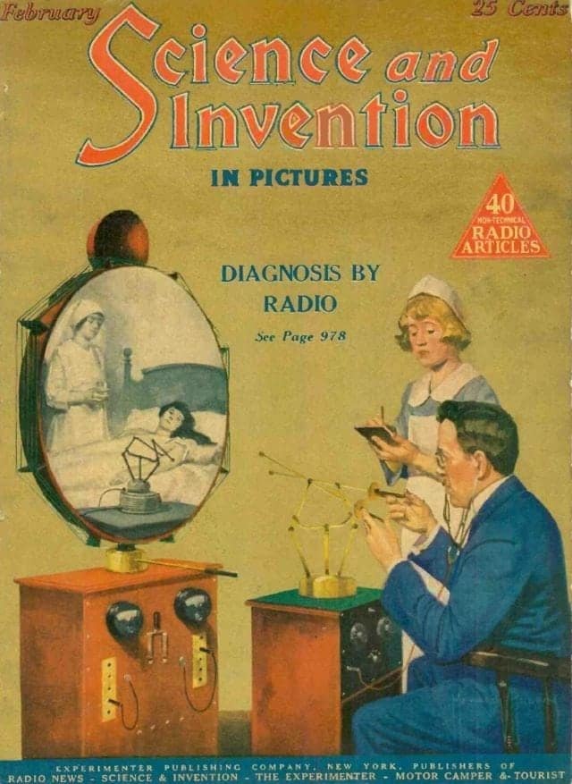 An insightful 1920s prediction of the future showing "Diagnosis by Radio," an early form of telemedicine