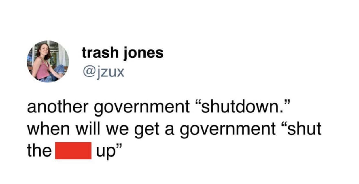 A funny 2025 government shutdown meme tweet that wishes for a "government shut the f*ck up" instead.