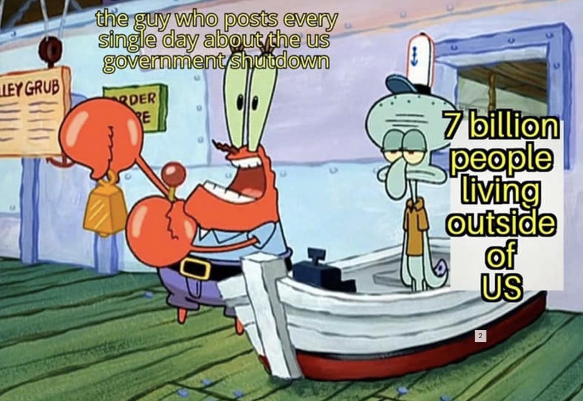 A funny US government shutdown meme using a SpongeBob format to show the rest of the world's indifference to the news.