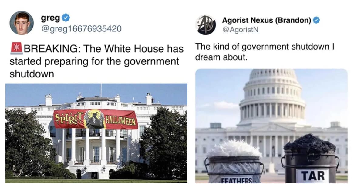 A gallery of funny 2025 government shutdown memes and weird historical photos with no context.