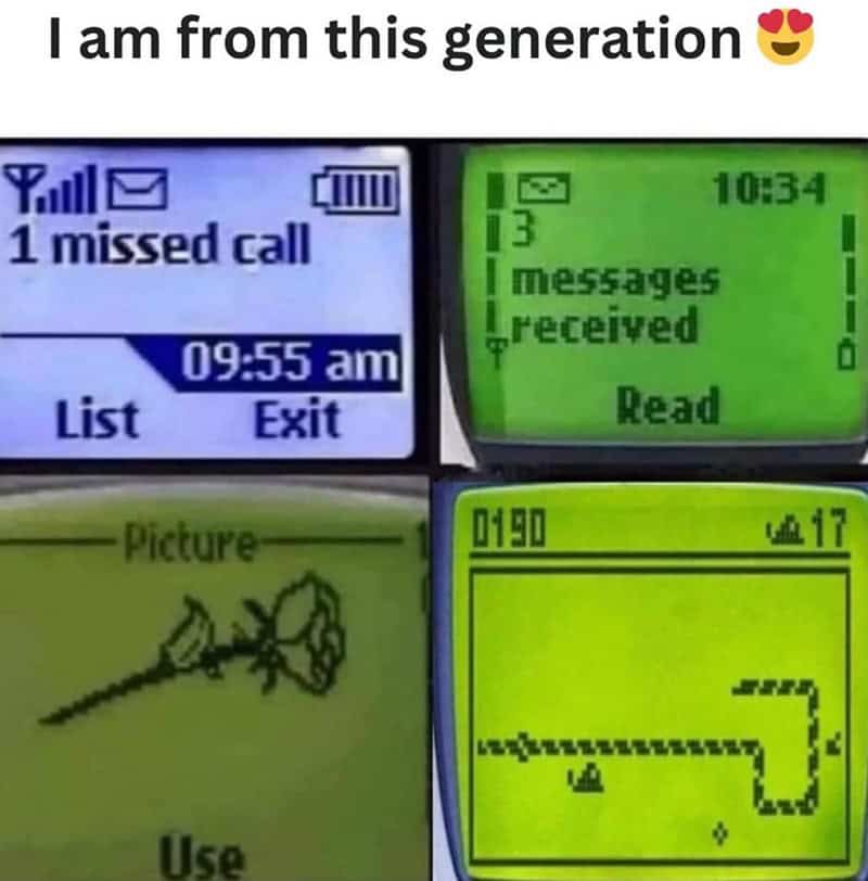 A nostalgia meme showing various screens from an old Nokia phone, including the game Snake and pixelated messages.