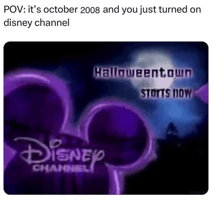A nostalgic 90s Halloween meme of the classic Disney Channel bumper for the movie Halloweentown.