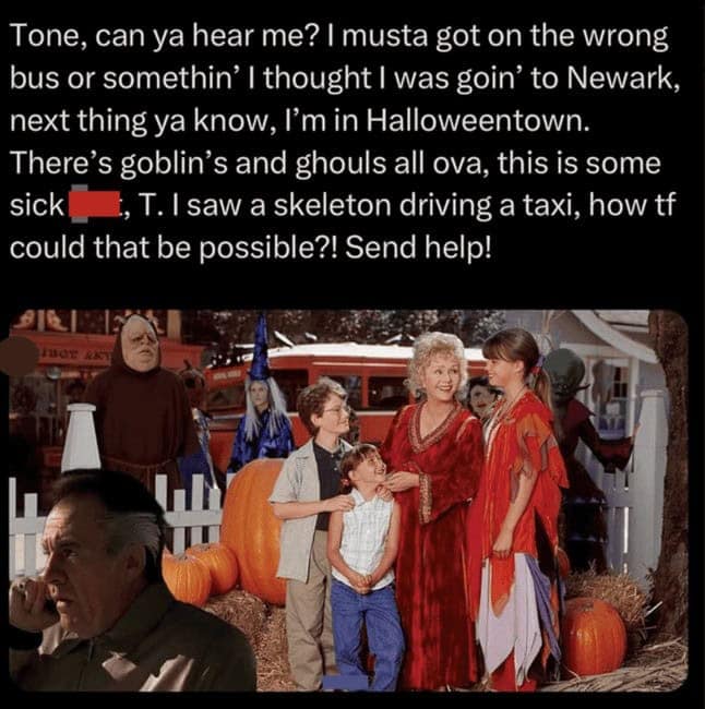 A hilarious 90s Halloween meme crossing over The Sopranos' Paulie Walnuts with the movie Halloweentown.