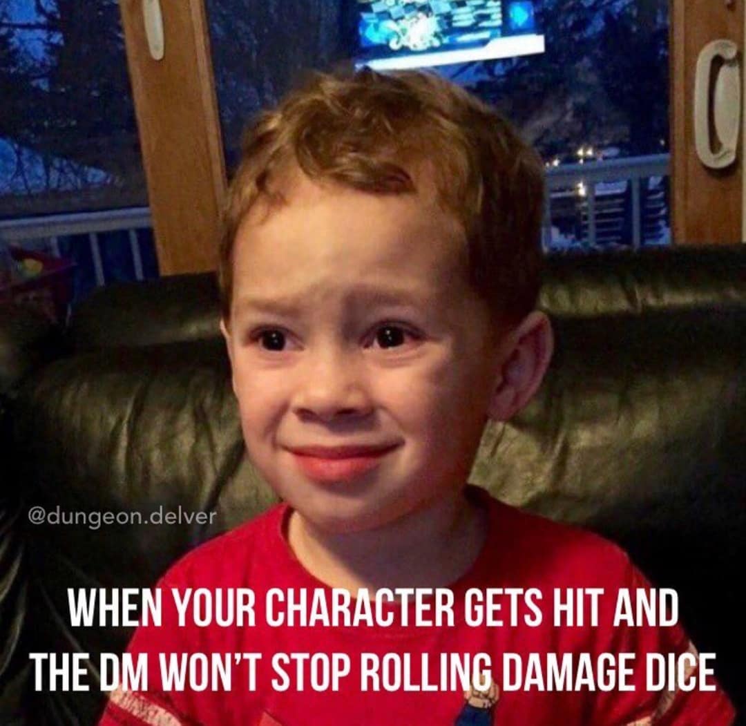 A D&D meme using the nervous Gavin meme to show a player's face when the DM keeps rolling damage dice.