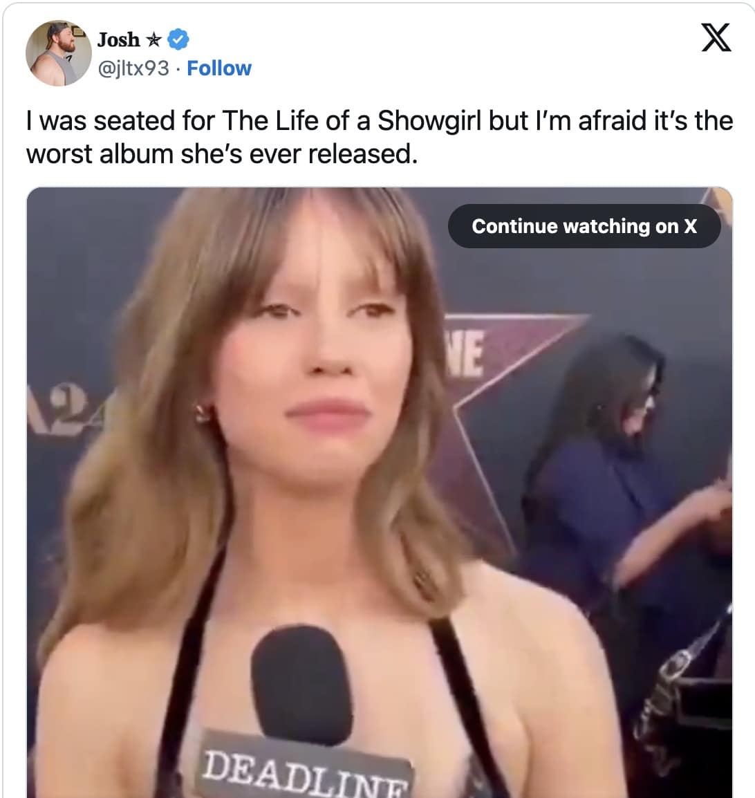 A funny Taylor Swift meme using a clip of actress Mia Goth to express disappointment in the new album.
