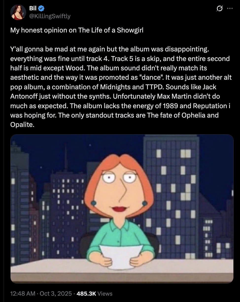 A Life of a Showgirl meme using Lois Griffin from Family Guy to deliver a detailed and disappointing review of the new Taylor Swift album.