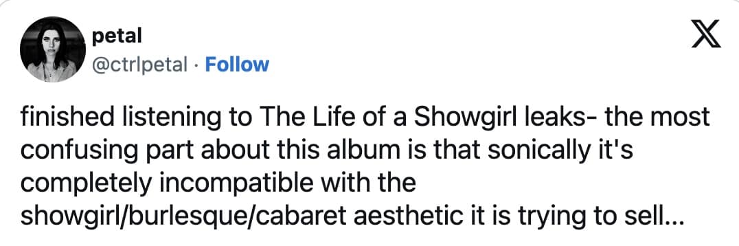 A Taylor Swift meme tweet criticizing "The Life of a Showgirl" for being sonically incompatible with its own aesthetic.