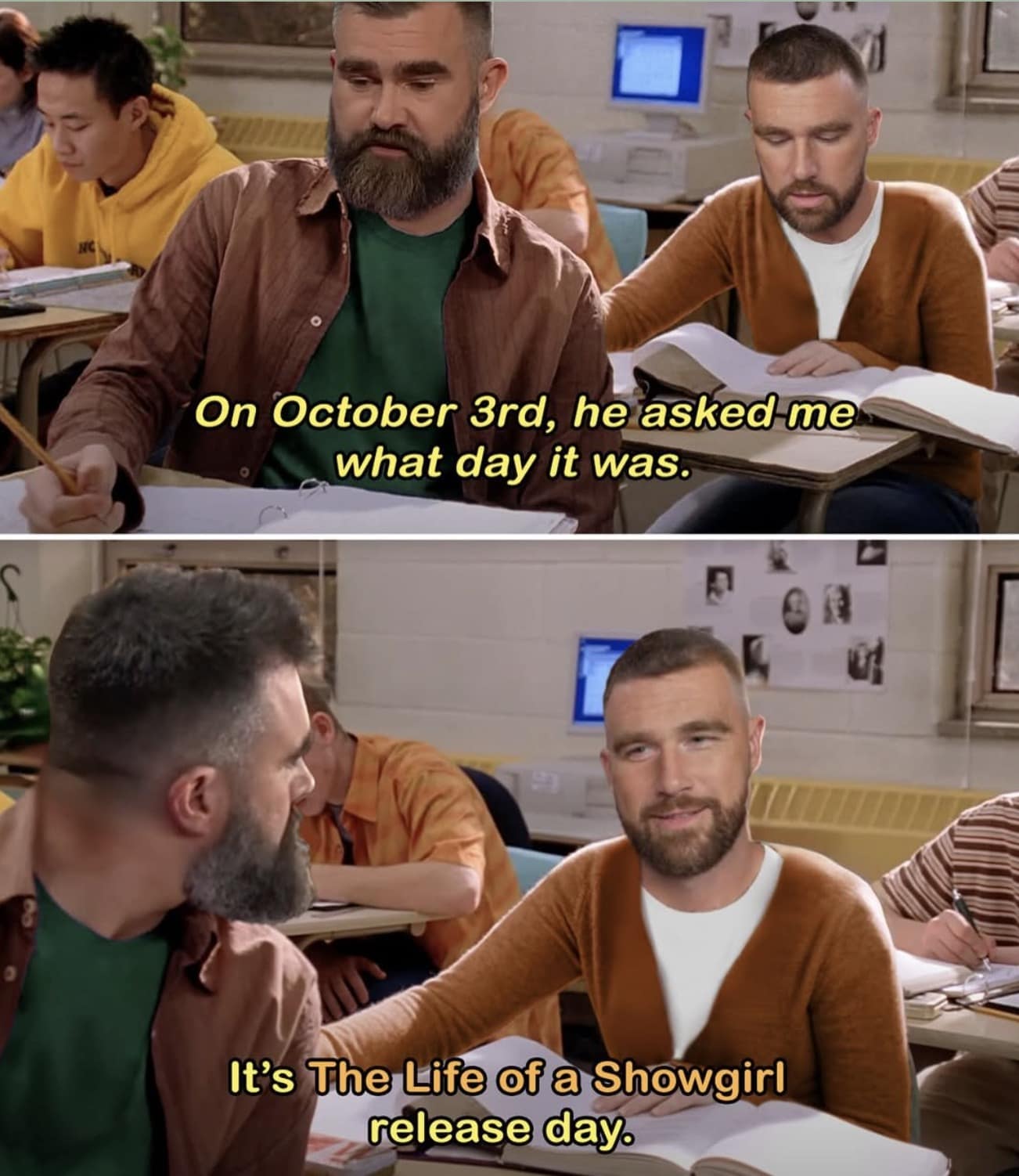 A Taylor Swift meme for October 3rd, editing Travis and Jason Kelce into the classic Mean Girls scene to celebrate the new album release.