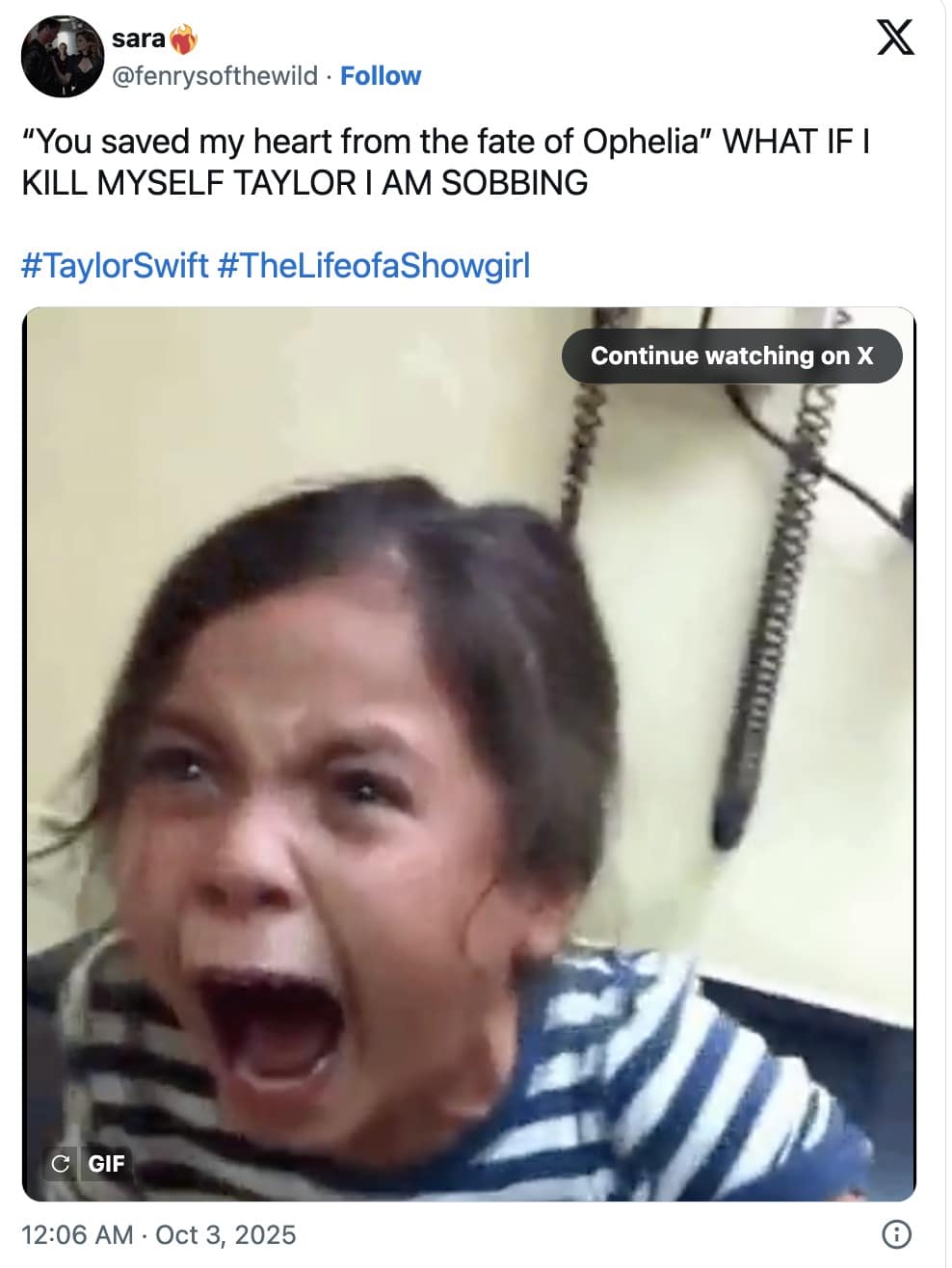 An emotional Taylor Swift meme of a screaming child reacting to the dramatic "Fate of Ophelia" lyrics on the new album.