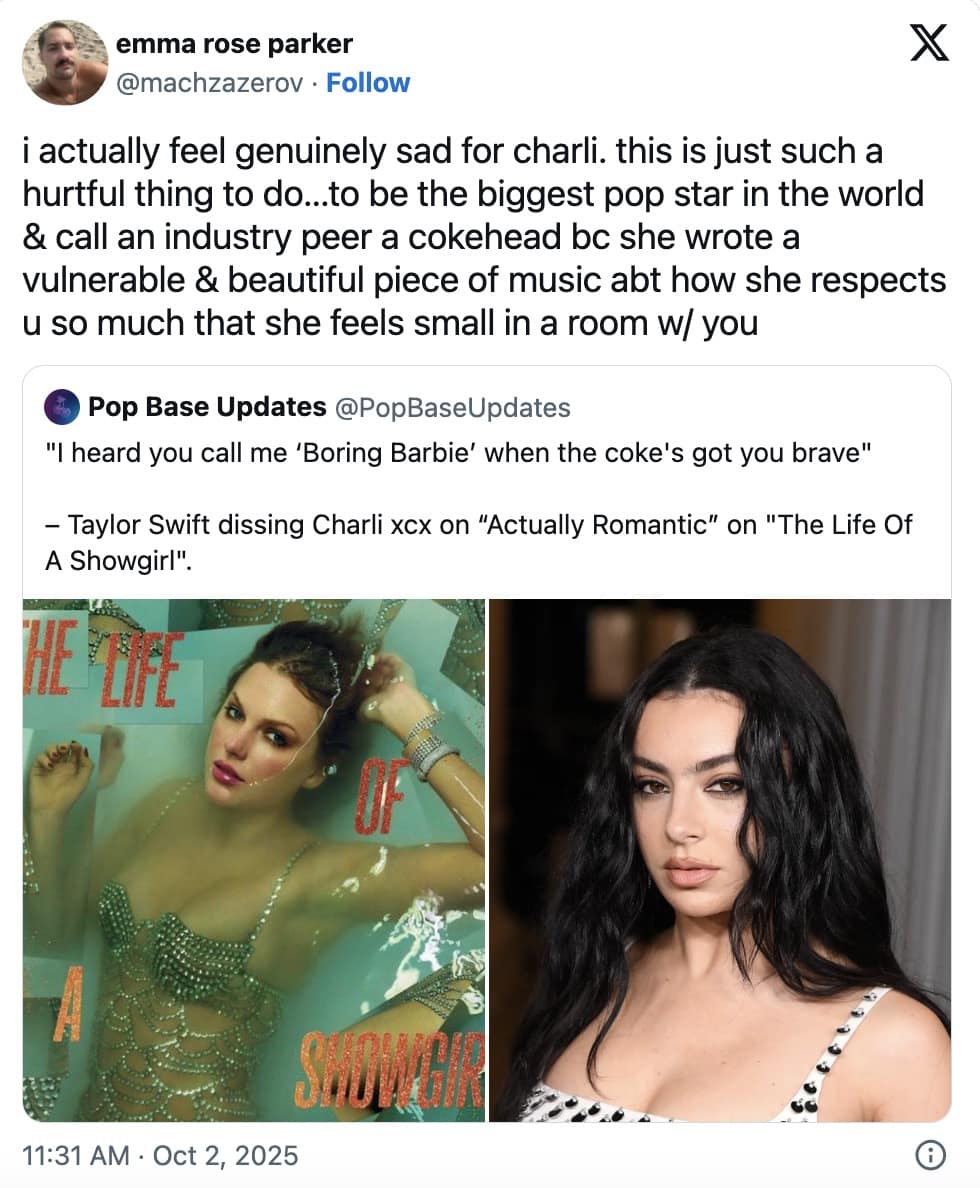 A Taylor Swift meme tweet from a fan who feels sad for Charli XCX after hearing the alleged diss track on "The Life of a Showgirl."