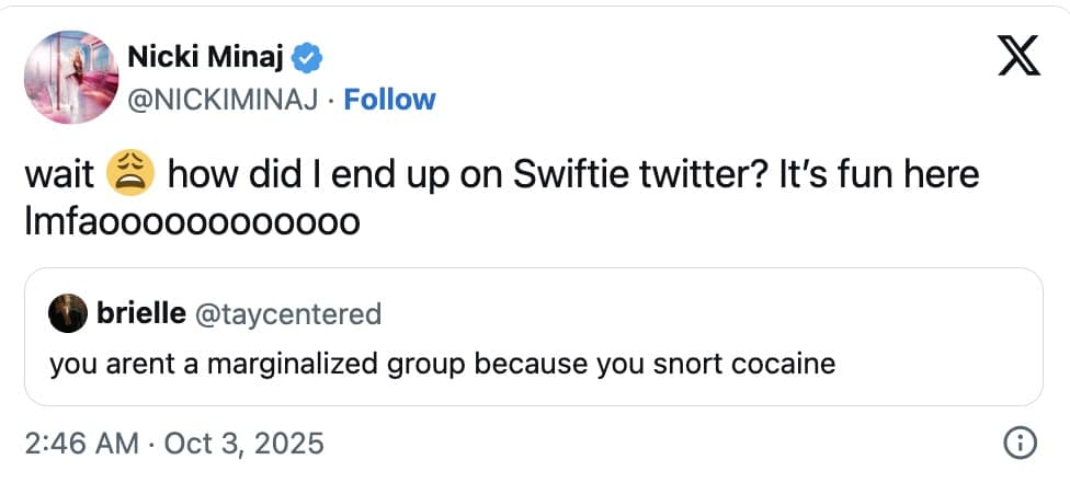 A funny Taylor Swift meme showing a follow-up tweet from Nicki Minaj about accidentally ending up on "Swiftie twitter."
