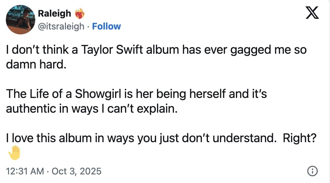 A Taylor Swift meme from a fan who is emotionally overwhelmed and "gagged" by the new album, "The Life of a Showgirl."