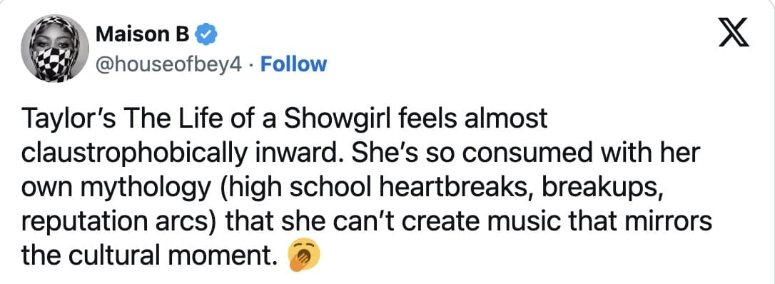 A critical Taylor Swift meme tweet arguing that "The Life of a Showgirl" is too "claustrophobically inward" and self-referential.